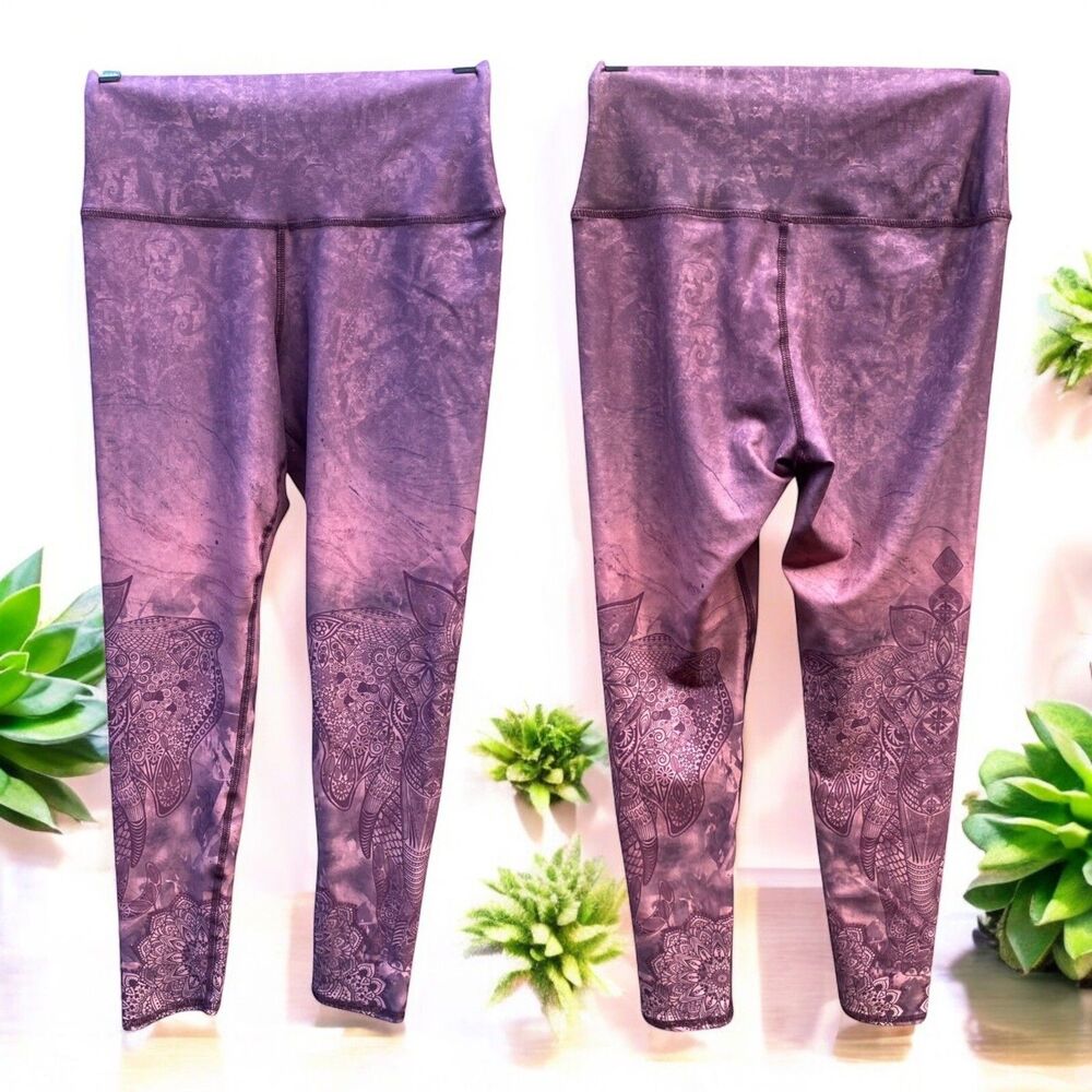 Evolution And Creation Elephant Mandala Floral Whimsical Purple Leggings Size M